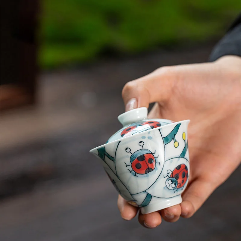 Chinese Style Ceramic Hand-Painted Seven Star Ladybug Yuanbao Tea Cover Bowl, 100ml Small Capacity Exquisite Kung Fu Tea Set