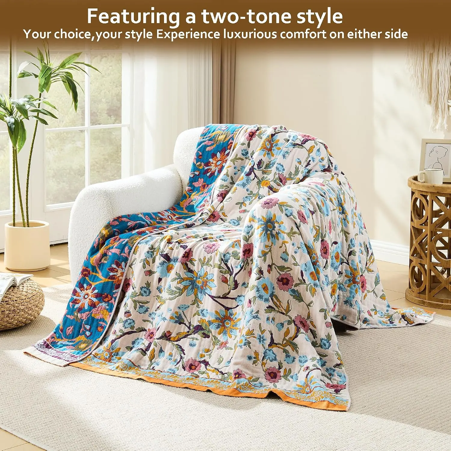 VANJOROY Boho Throw Blanket, 100% Organic Cotton Breathable Ultra Soft 91