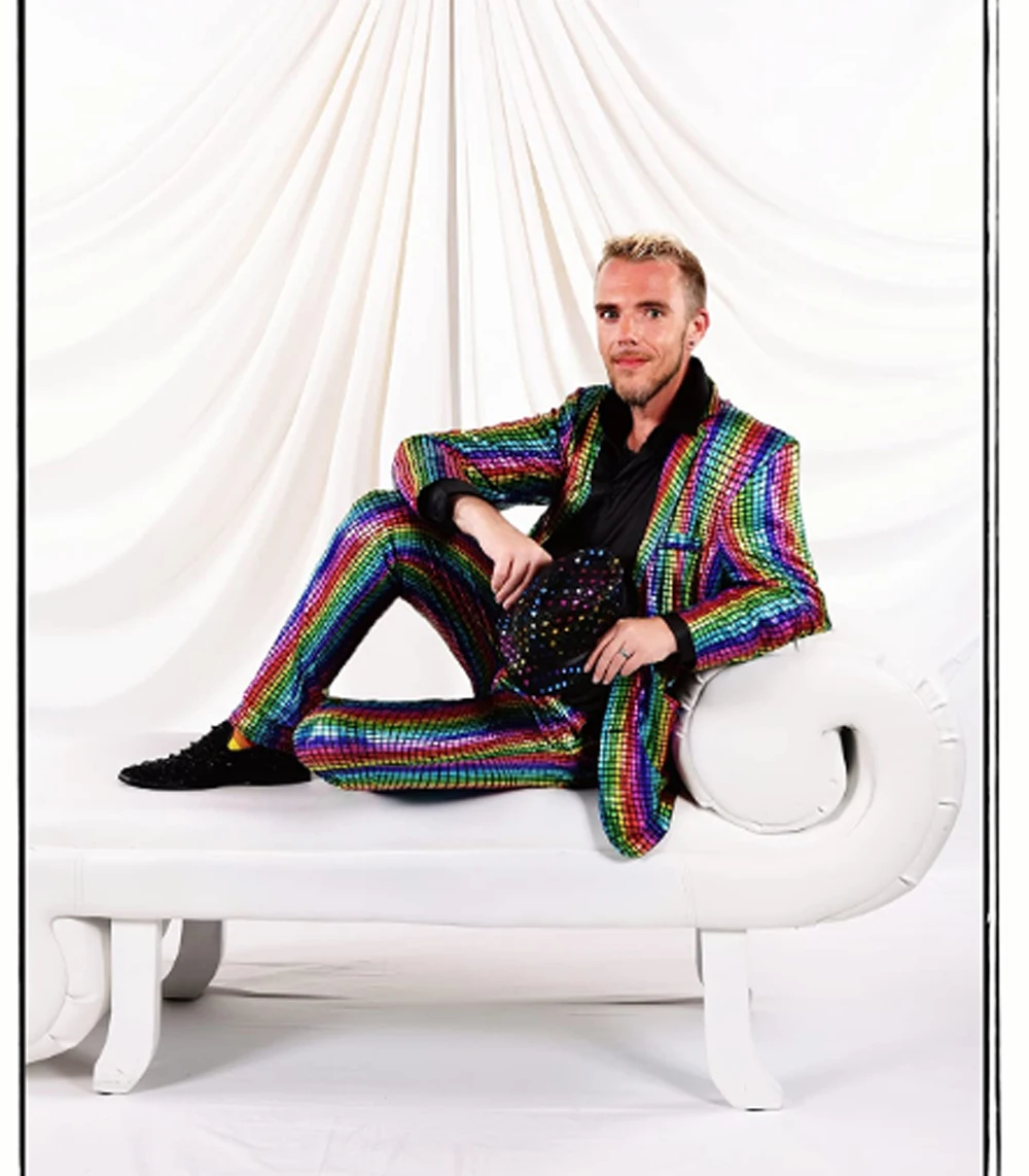 Trajes de fiestas de escenario para hombre, chaqueta de lentejuelas a cuadros con arcoíris dorados y plateados, pantalones, ideal para festival de