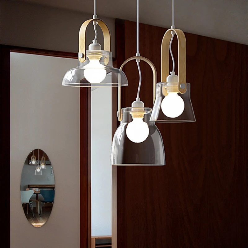 

Modern Clear Glass Pendant Lights Dining Room Bar Kitchen Hanging Lamp Wood E27 Bulb Wire Adjustable 110-240V