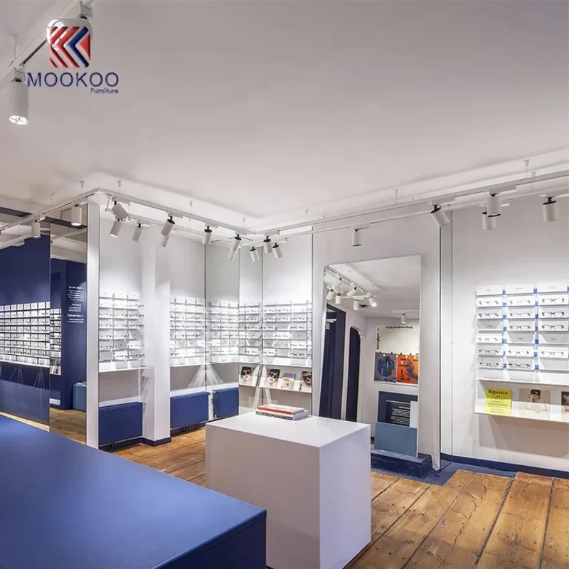 custom.Modern Optical Shop Interior Sunglasses Eyewear Display Wall with LED Lighting Customizable Design