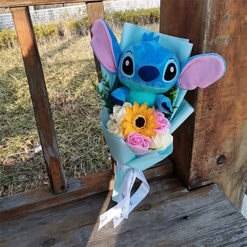 Anime Lilo & Stitch Plush Bouquet With Sunflower Soap Rose Flower Bouquet Cartoon Stuffed Valentine\'s Day Christmas Birthday Gif