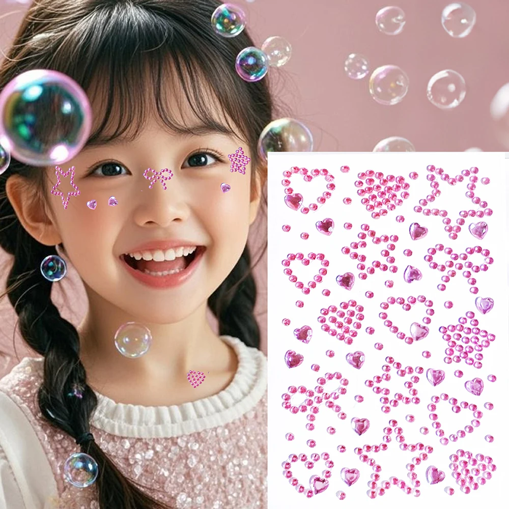 4Colors-Pink/Red/Blue/Clear Crytsal Star/Heart Face Rhinestones Stickers Bling Hollow Star Diamond Decal For Face/Make Up Slider