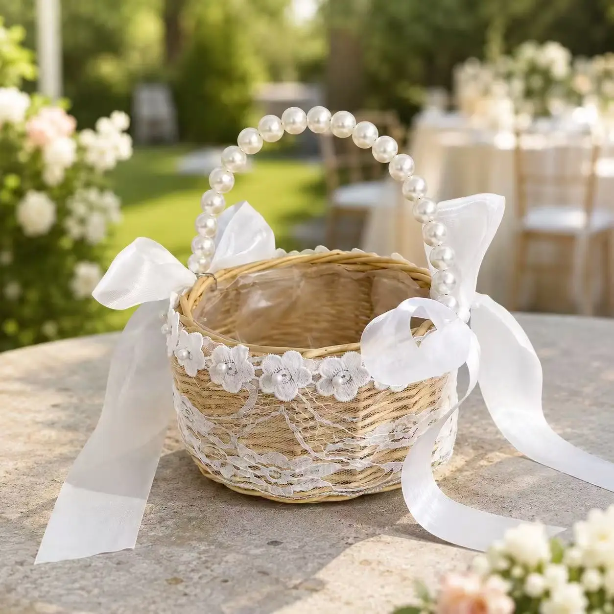 Wedding Flower Girl Basket Wicker Lace Floral Decor Pearl Handle White Satin Ribbon Bow Handheld Basket for Petal Confetti Cerem