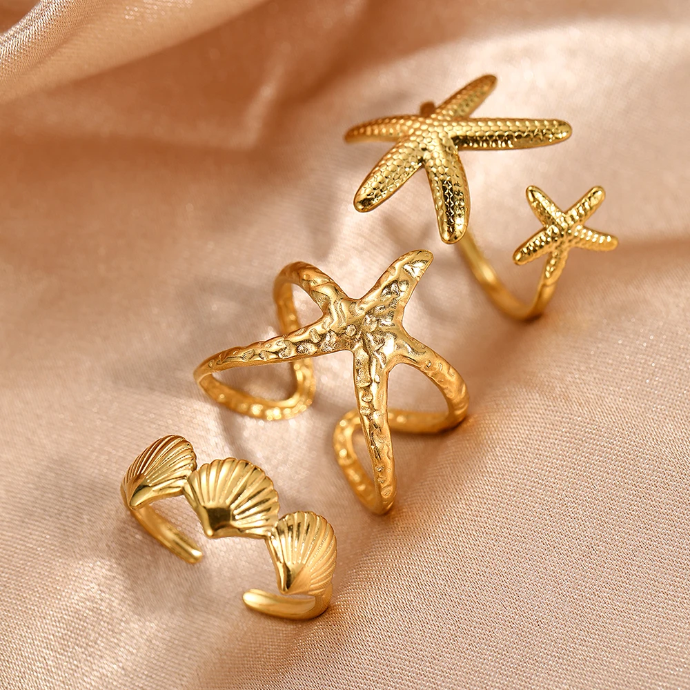 DGIDDK Stainless Steel Ring Set of 4 Resort Style Starfish Shell Women's Rings Summer Sunshine Beach Party Jewelry Gifts