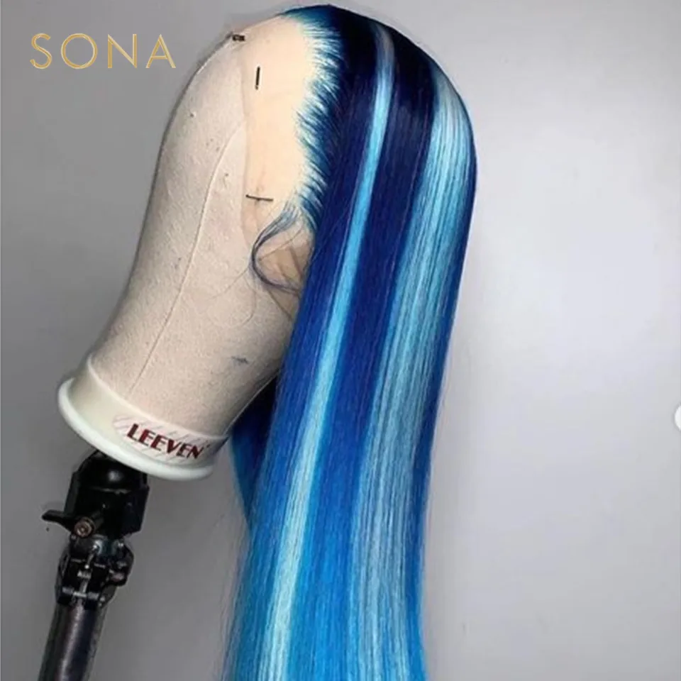 Blue Human Hair Wig with Light Blue Streak Colored Straight Highlight Transparent Lace Front Wigs For Black Women