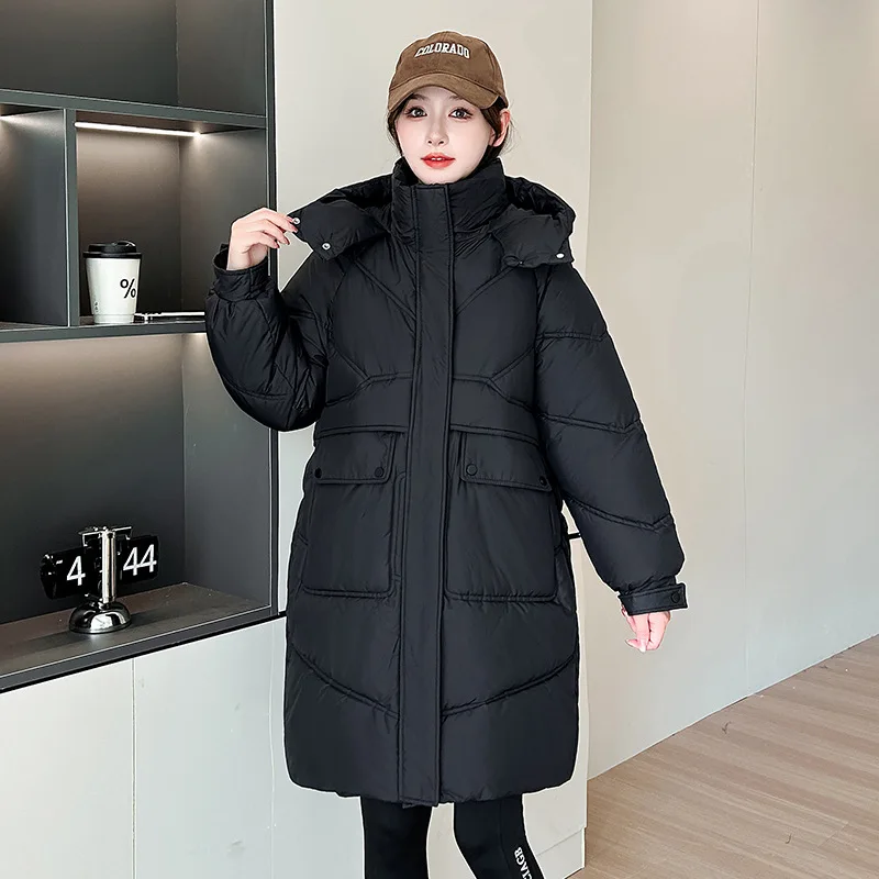 Mid Lenth Parkas Coats Women Hooded Overcoats Solid Zipper Long Sleeves Thick Straight Fit Casual Office Lady Autumn Winter 2025