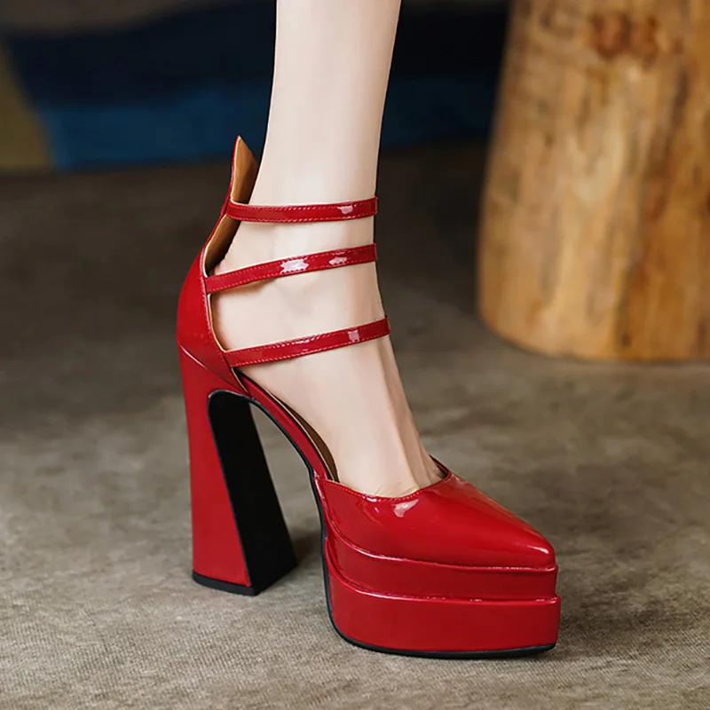 أحذية امرأة الترا عالية الكعب منصة مضخات ضيق الفرقة ماري جينس البقرة براءات الاختراع والجلود فستان مضخات مثير المرأة أحذية الحفلات #4