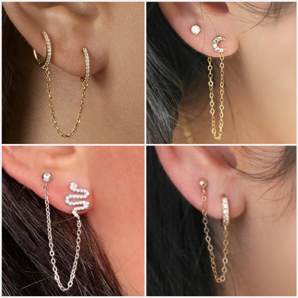 1Pc Surgical Steel Chain Snake Moon Heart Ear Stud Zircon Lobe Piercing Hoop Helix Piercing Earcuff Tassel Earring Party Jewelry