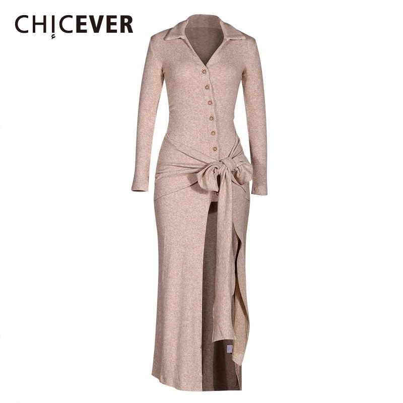 CHICEVER sólido empalmado vendaje elegante vestido femenino solapa manga larga adelgazamiento Irregular suave vestidos de mujer moda de otoño nuevo