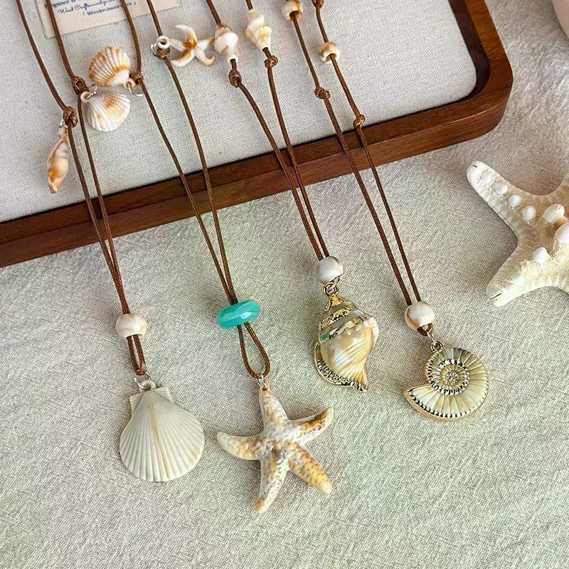 Starfish Shell Beaded Wax Rope Necklace Non-Fading Bohemian Clavicle Chain for Women Beach Wedding Guest Wear