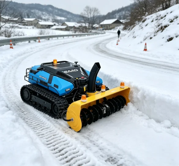 Factory Custom Remote Control Crawler Lawn Mower SAAO with Snow Plow Attachment for Grass Cutting and Winter Use