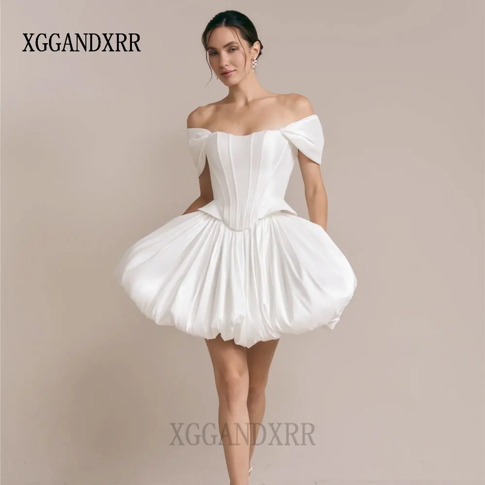 

Новое поступление, короткое свадебное платье по индивидуальному заказу 2026, свадебное платье с открытыми плечами и рюшами, мини-длина с открытой спиной, белая официальная одежда для невесты