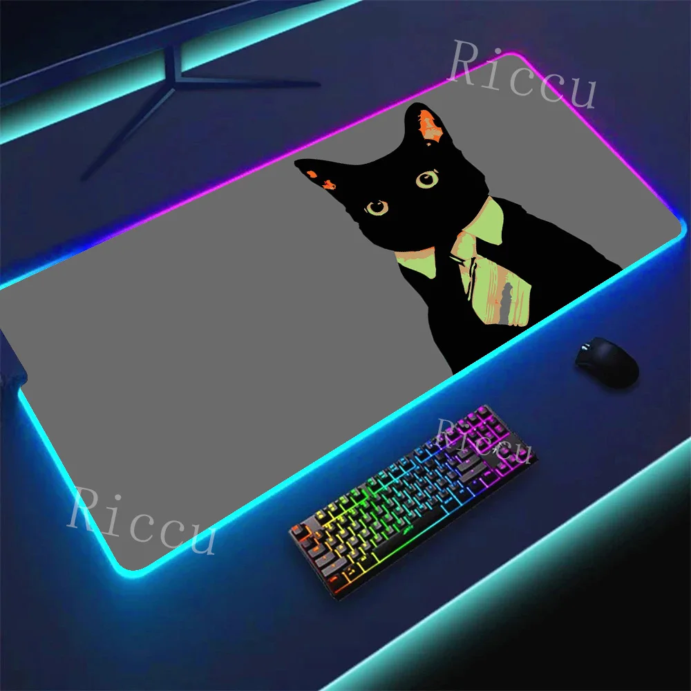 RGB PC Gamer Cute Black Kitten Large Mouse Pad Non-Slip Gaming Accessories Computer Mat Laptop Keyboard Kawaii Rubber Mouse pad