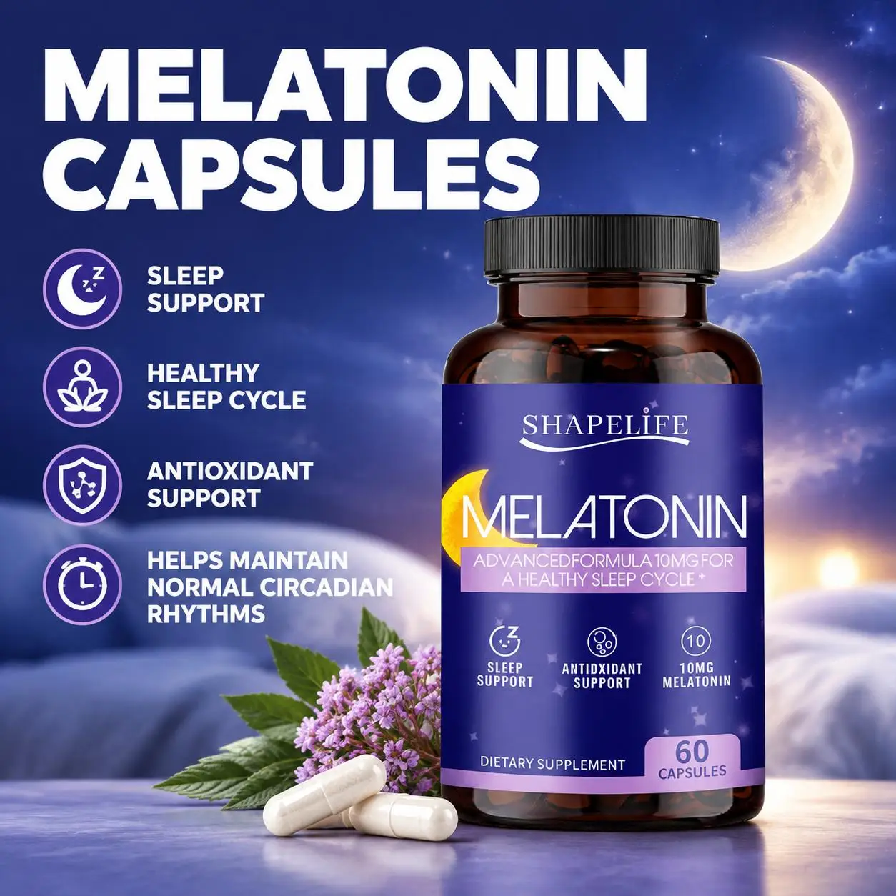 Melatonin Capsules Promotes Healthy Sleep Cycle Relaxation Antioxidant 10mg 60 Capsules Deep Sleep Circadian Rhythm Vegetarian