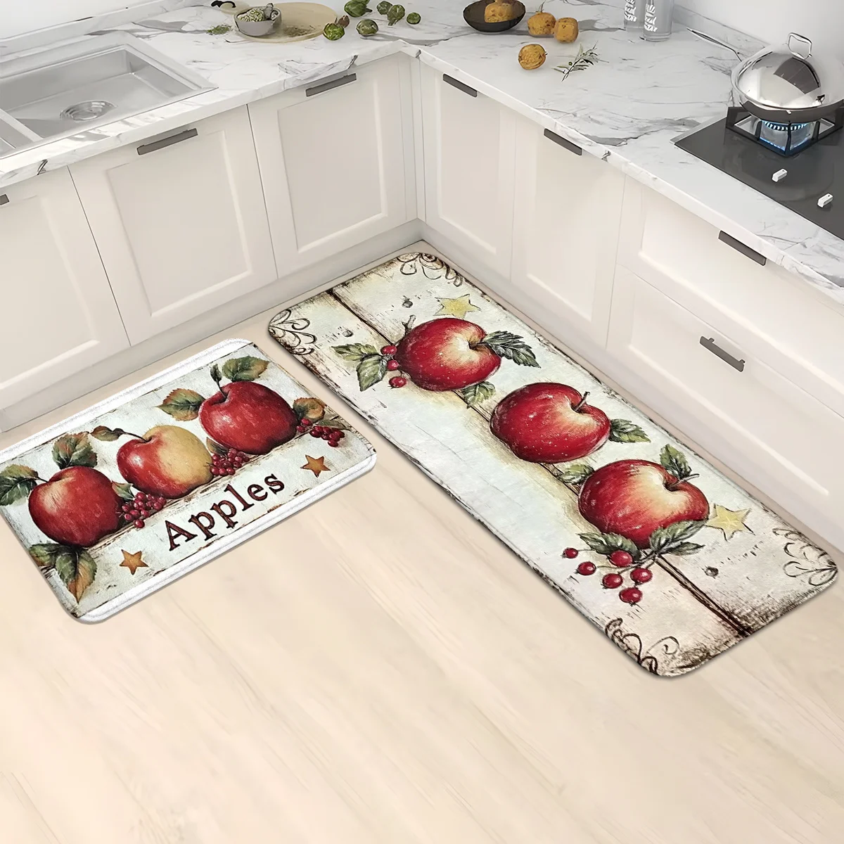 2D Roter Apfel Küchenmatte Rutschfeste Weiche Flurmatte Eingangsbereich-Fußmatte Saugfähiger Teppich für Heim-Dekoration Wohnzimmerteppich