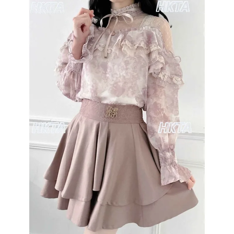 Japanese Elegant Pattern Drawstring Bow Long Sleeved Shirt Sweet Temperament Lace Ruffle Lolita Chiffon Blusas White Top Women