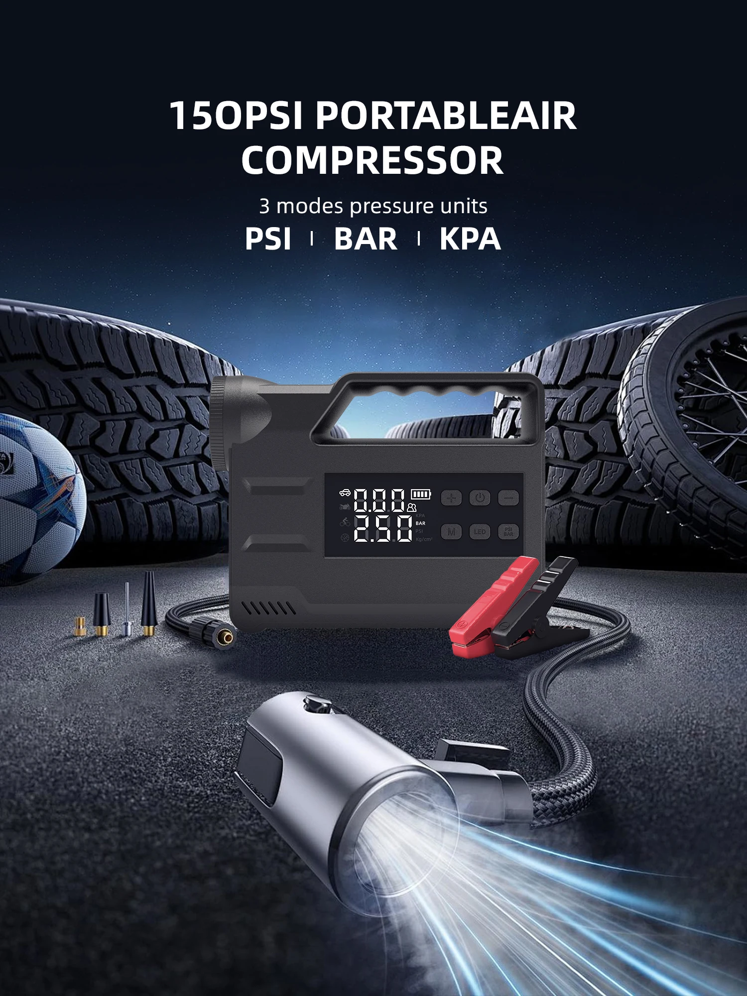 12V Auto-Starthilfe mit integriertem Reifenfüller, tragbarer, multifunktionaler Starthilfe mit Luftkompressor, USB-C-Powerbank, LED-Taschenlampe mit Reifendruckanzeige für Fahrzeugnotfälle, EU-Markt