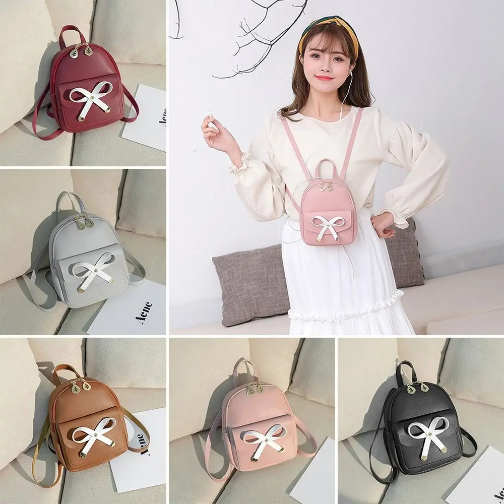 

Cute Handheld Mini Backpack Bow-knot Leaf Hollow Shoulder Bag PU Leather School Bags Women