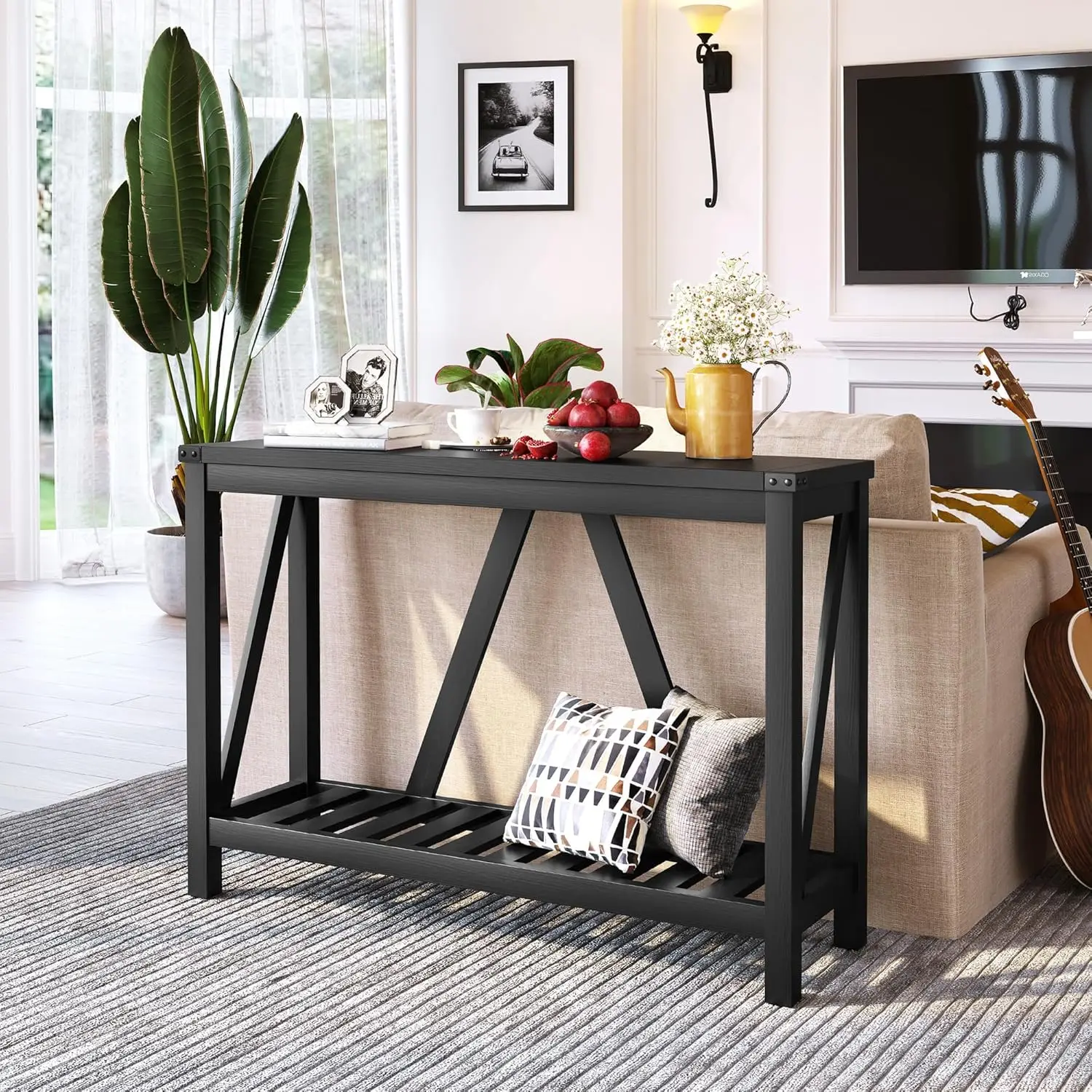 Mesa Consola de madera con estantes, mesa de sofá de granja para entrada, sala de estar, pasillo, negro (1PC)