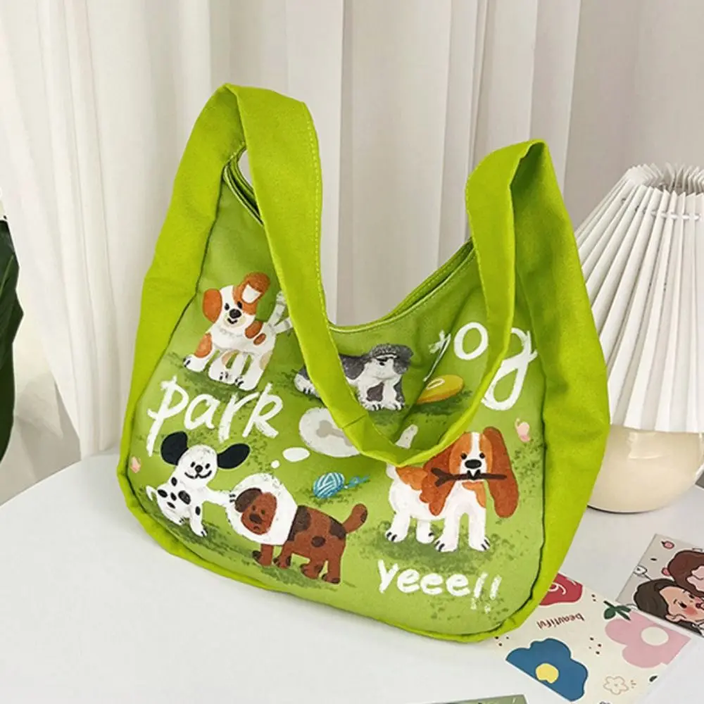 Tas Tote wanita, tas kanvas motif kartun, tas tangan kasual kapasitas besar, tas bahu motif anjing untuk pelajar