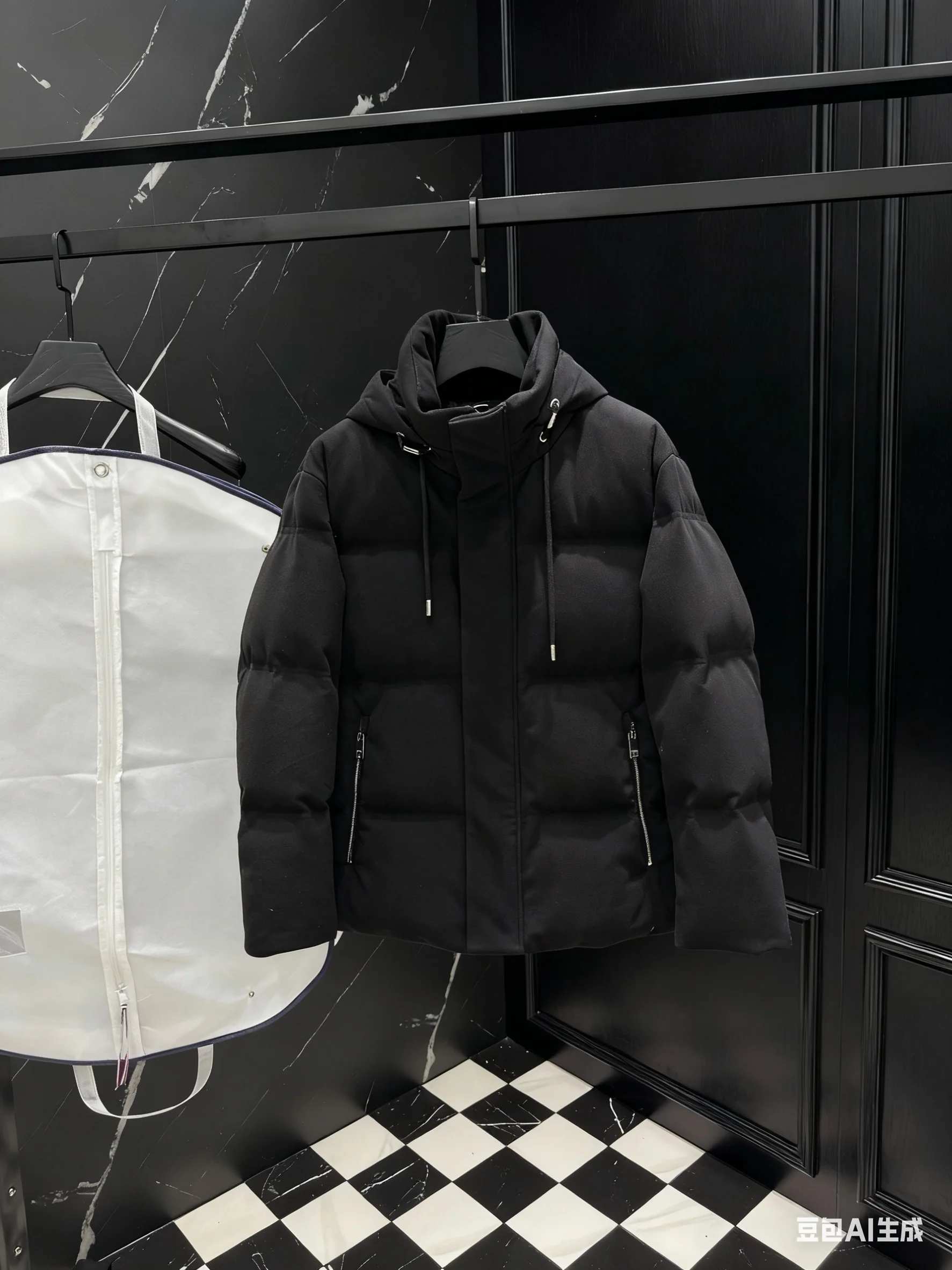 

2025 Men's Black Thickened Drawstring Hooded Down Jacket Windproof Cold Weather Outwear