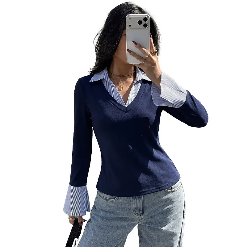 Women's Blouse T-shirt Woman Casual V Neck Color Block Fitted Knit Cotton Pullover Regular Length Contrast Collar Slim Fit Top