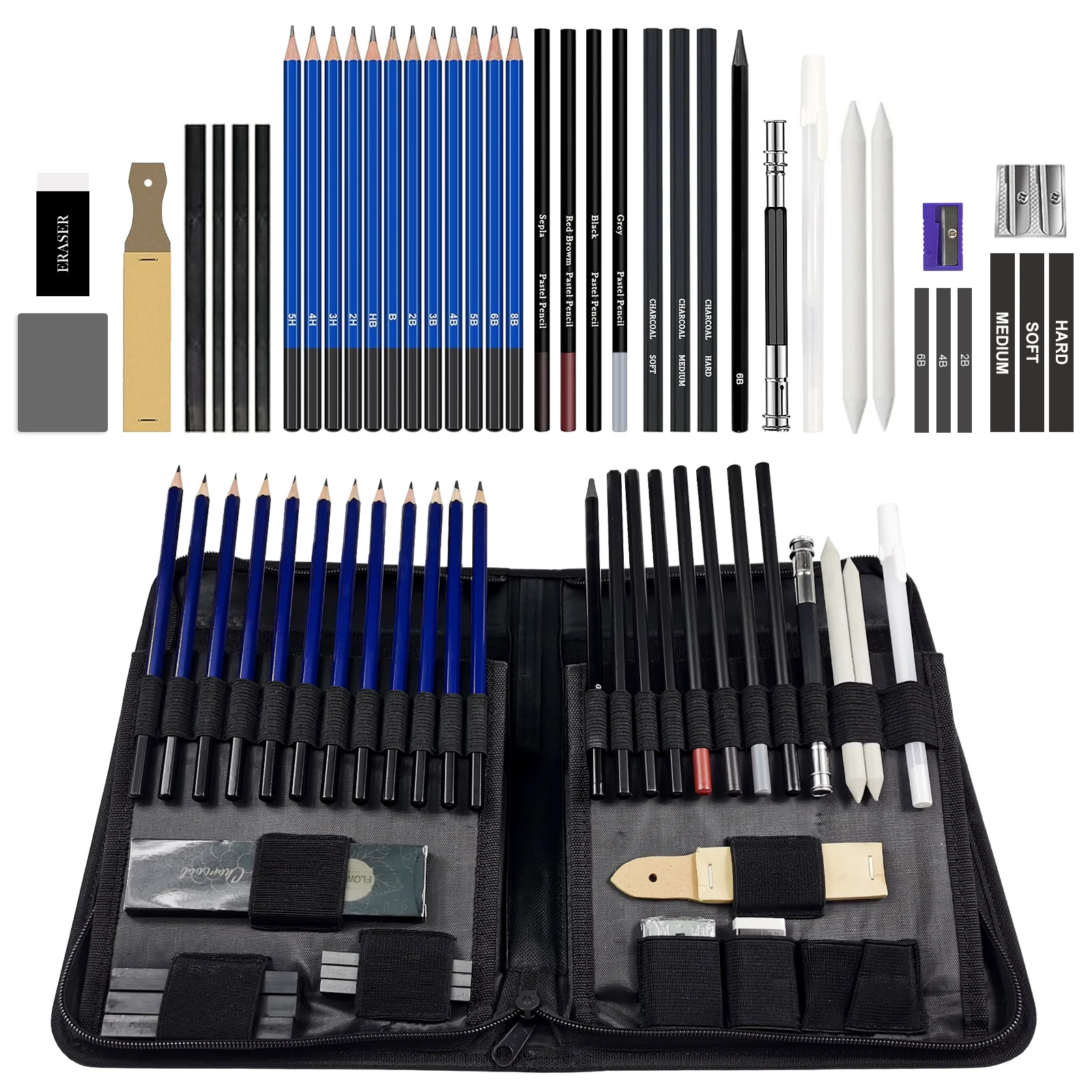 40 Piece Professional Sketch Pencil Drawing Kit,Pro Art Sketch Supplies, Including Graphite Pencils, Pastels, Sharpener and Eras