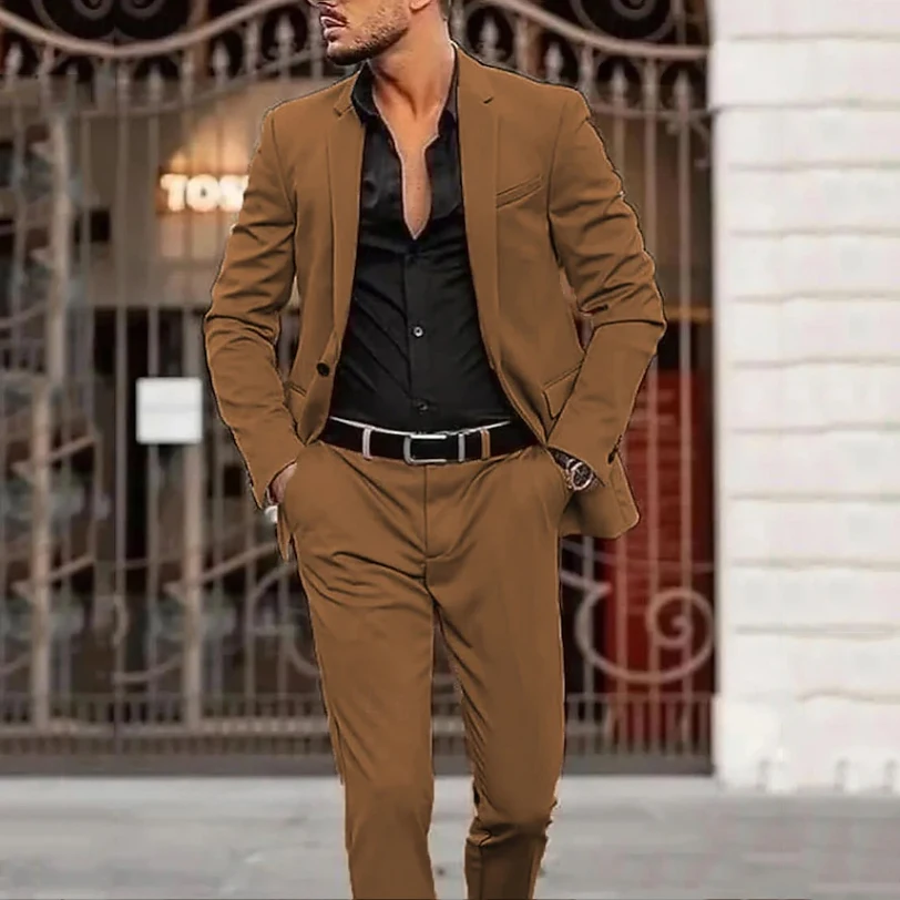 Khaki Men's Wedding Party Evening Suits 2 Pieces Casual Suits Custom Made Groom Tuxedos Blazer Jacket Pants Trajes De Hombre