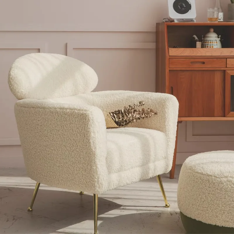 Nordic Modern Light Retro Single Sofa Arm Teddy Fabric Leisure Boucle White Sofa Sheepskin Furniture Accent Chair for Livingroom