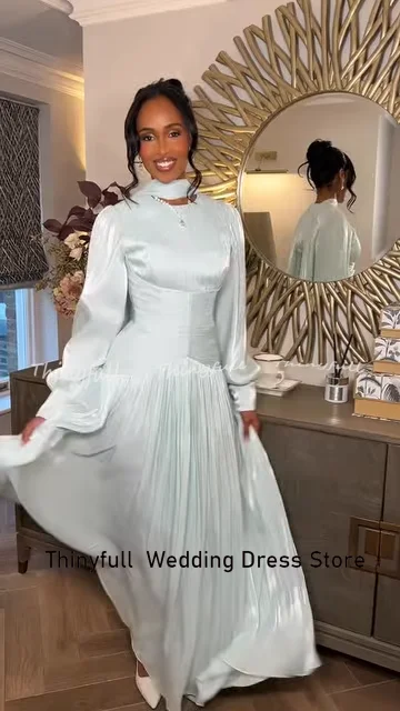 Thinyfull a-line فساتين لحضور الحفلات الموسيقية العربية رقبة دائرية وأكمام طويلة من الساتان اللامع ثوب مسائي طويل فستان رسمي رداء de soirée مخصص #3