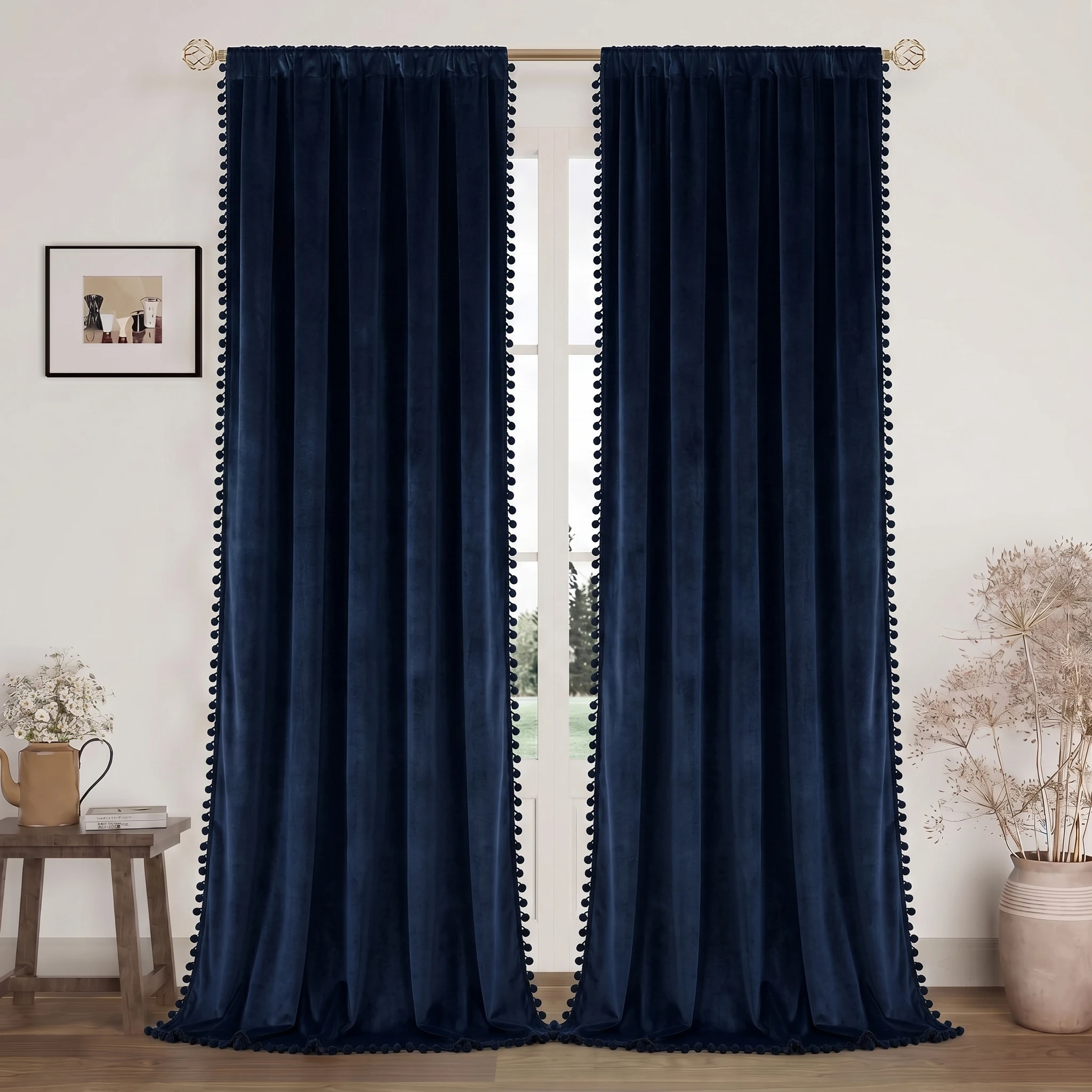 1 Piece, Available in Multiple Colors: White / Navy Blue / Orange / Emerald Green / Brown / Red. Fashionable and Luxurious Velvet Curtain with Pom-Pom Fringe, Rod-Top Design, Soft and Thick, Drapes Smoothly, Soundproof and Heat-Insulating, Protects Privacy. Made of Polyester, Washable, Suitable for All Seasons, Suitable for Kitchen, Bedroom, Living Room, Office. Does Not Include Ropes and Accessories view 2