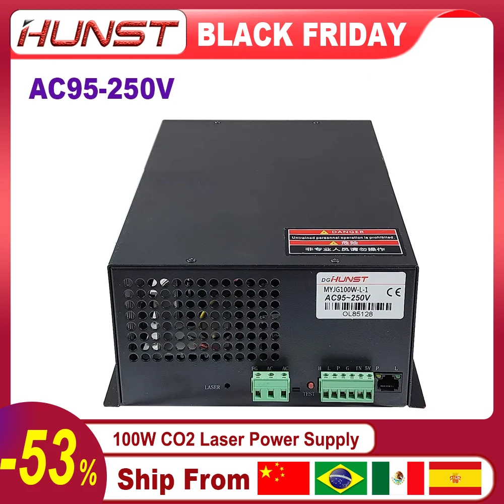 HUNST CO2 Laser Power Supply MYJG 100W Supports 95~250V Voltage and is Used for 80-100W Laser Engraving and Cutting Machines.