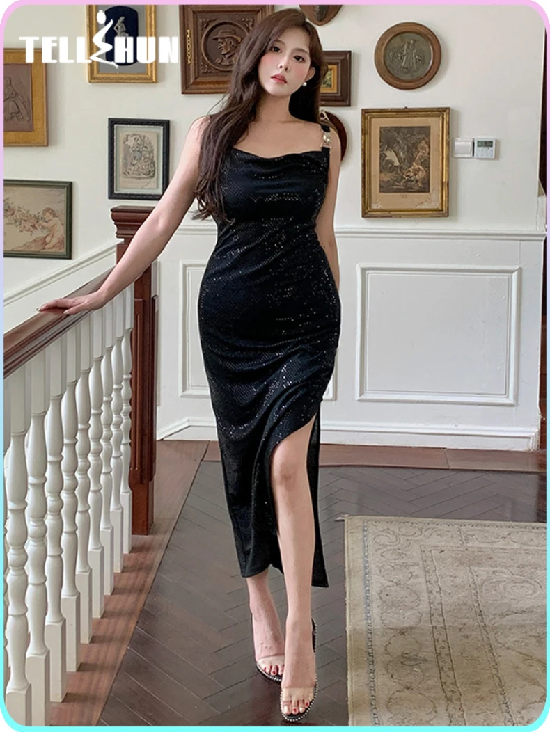 

Solid long sheath black dress gala women's sexy sequins Split evening party Elegant gowns dress casual clothes sundress Luxury