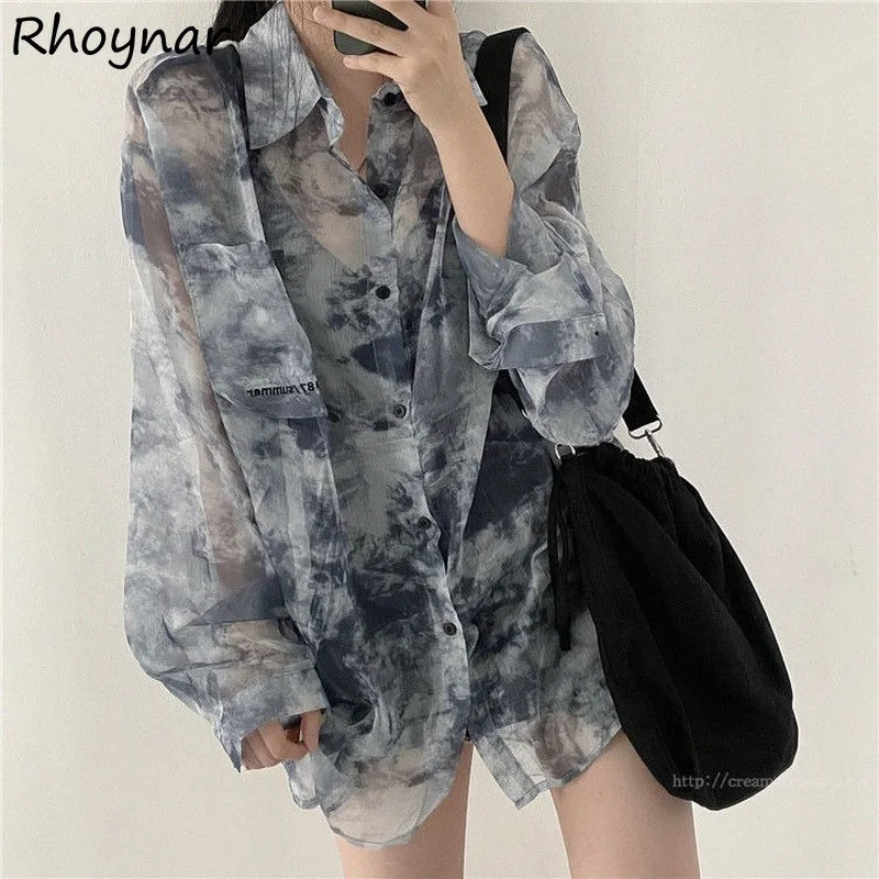 

Shirts Women Tie Dye Loose Leisure Simple All-match Baggy Thin Designed Korean Style Fashion Summer Girls Sunscreen Clothing