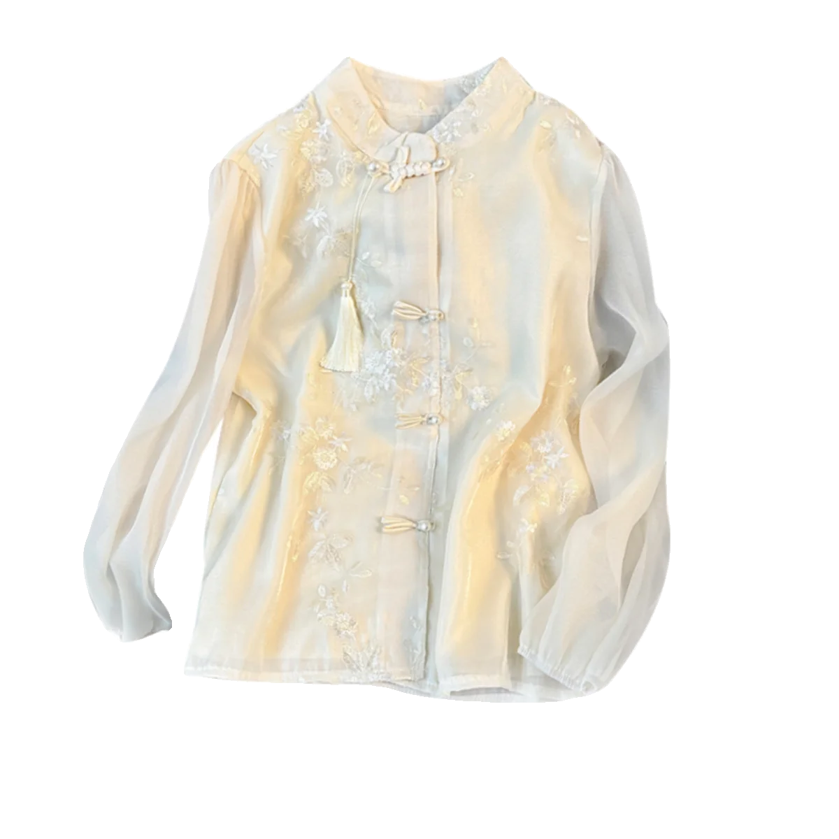 EVNISI Women Elegant Chinese Button White Blouse Floral Embroidery Long sleeved Shirt Spring Autumn Women Office Pullover Tops