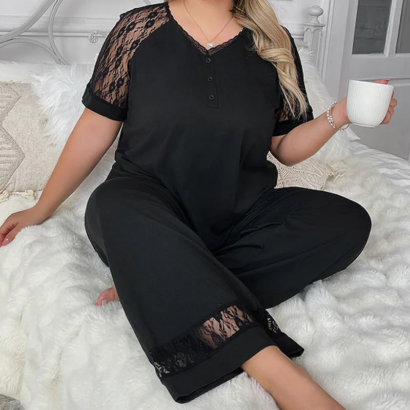 

New Summer Loose-fitting Short-sleeved Thin V-neck Spliced ​​lace Pajamas Women's Set Plus Size Loungewear