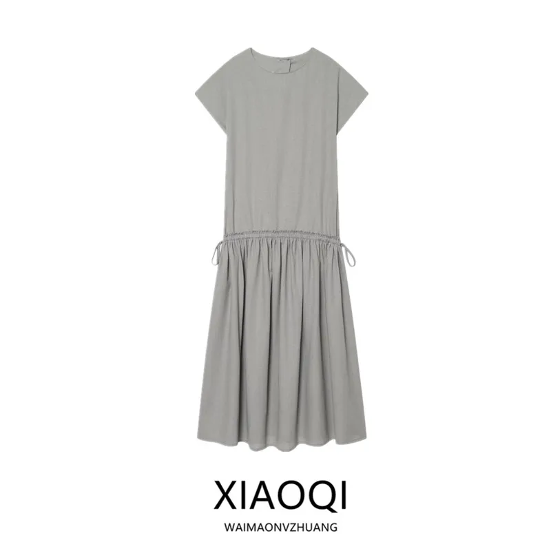 

Spring Summer 2026 Women's Fashion Linen Blend Design Versatile Dress Commute Style Pleated Short Sleeve Loose Fit round Neck