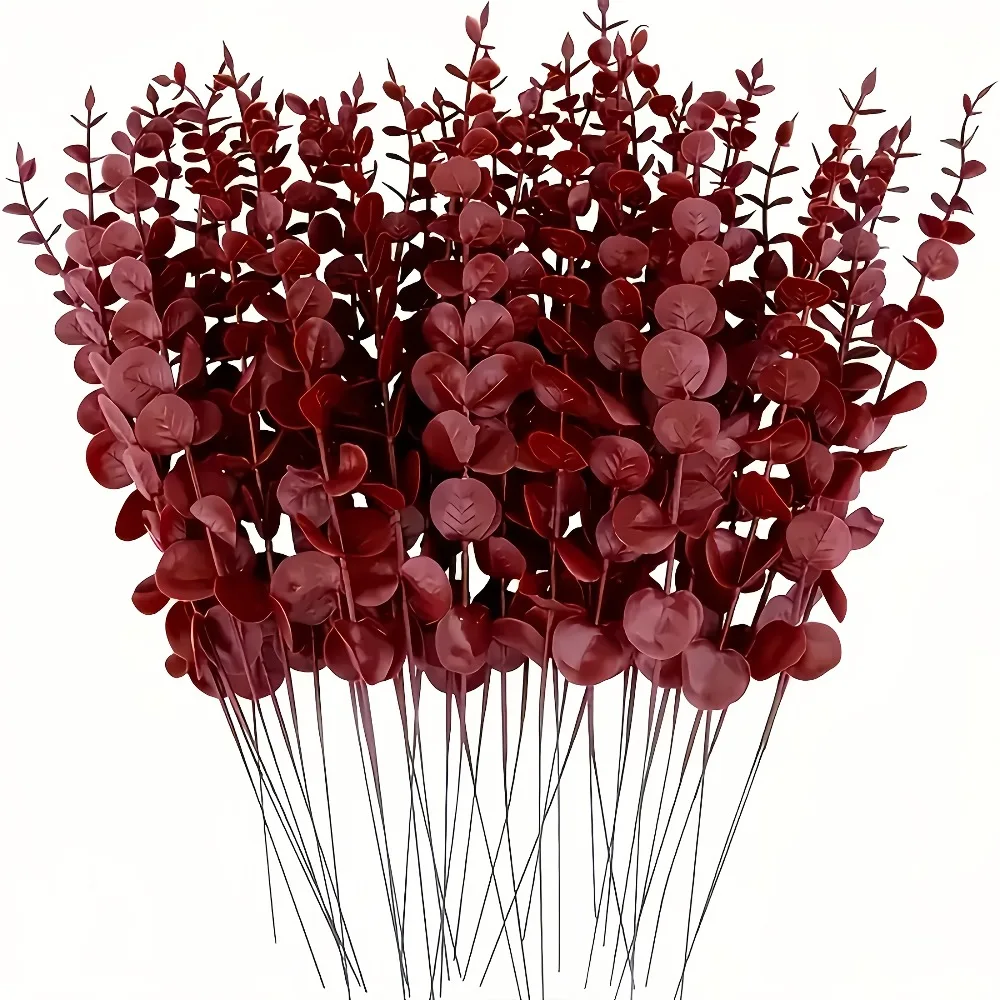 20pc Burgundy Artificial Eucalyptus Stems Faux Fall Eucalyptus Branches Autumn Home Decor Thanksgiving Wedding Centerpieces,