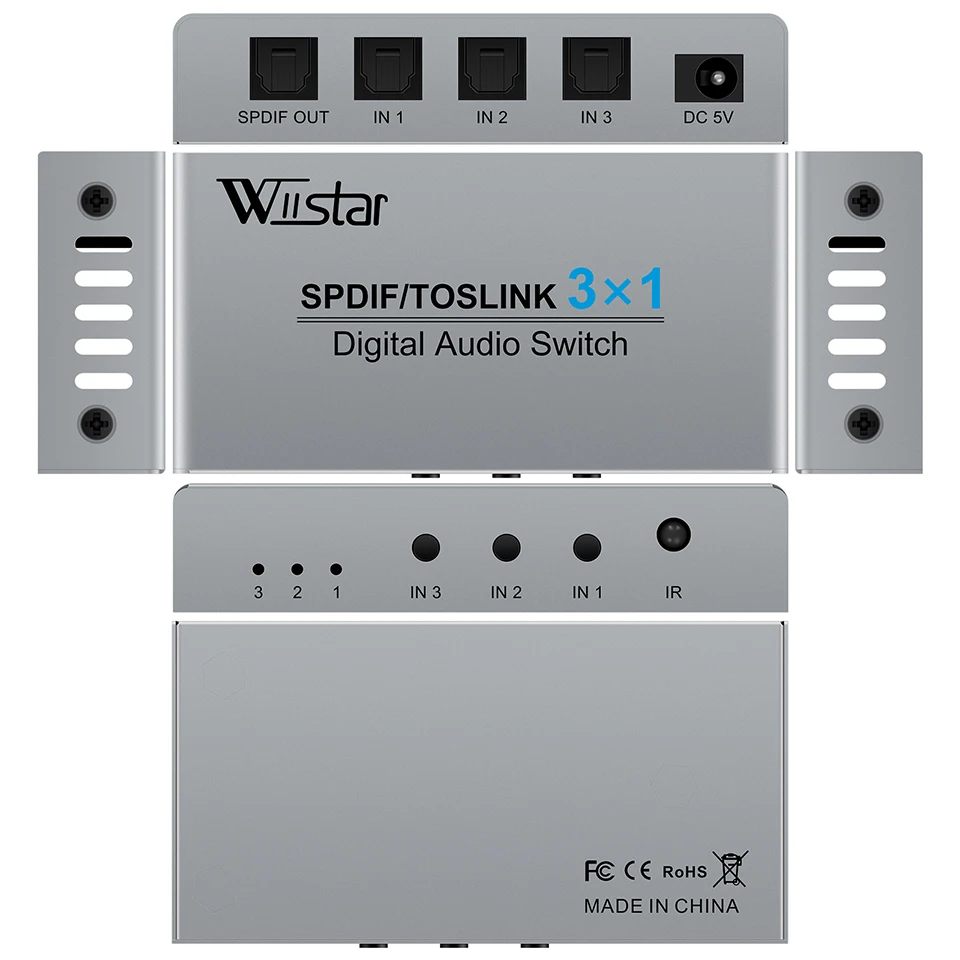 Wiistar 3 Port Optical Switcher with 3 way Spdif Toslink Optical Digital Audio Splitter 3 In 1 Out With IR Remote Control