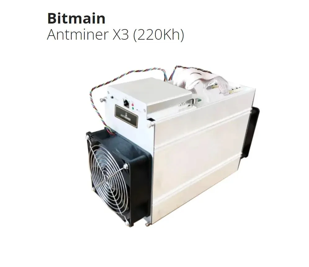 Antminer X3 (220Kh) from Bitmain mining CryptoNight algorithm with a maximum hashrate of 220kh/s for a power consumption of 465W