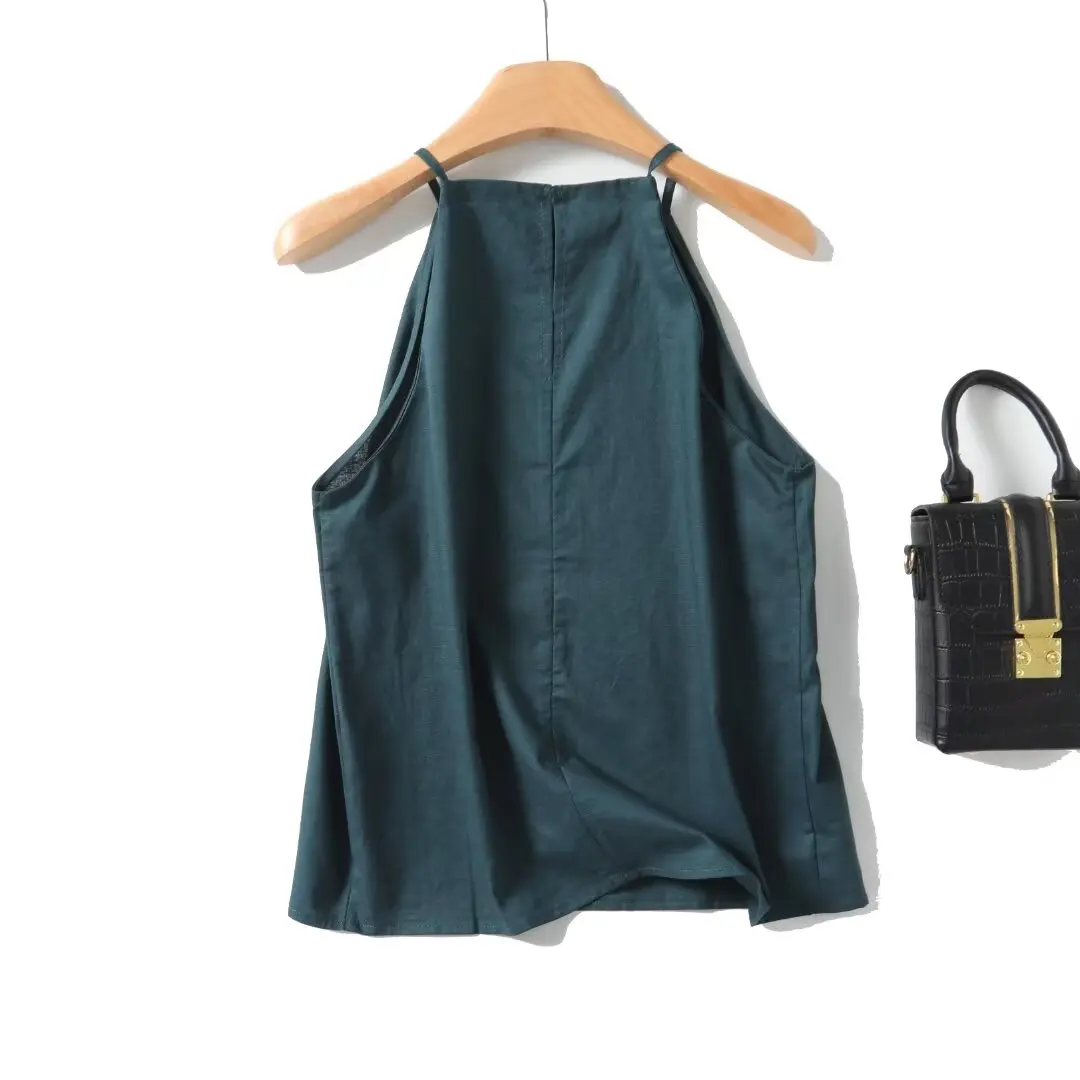 TRAFZA French Luxury Linen Blend Green Women Shirt Sleeveless Tops Fashion 2024 Autumn Summer Office Lady Minimalist Blouse