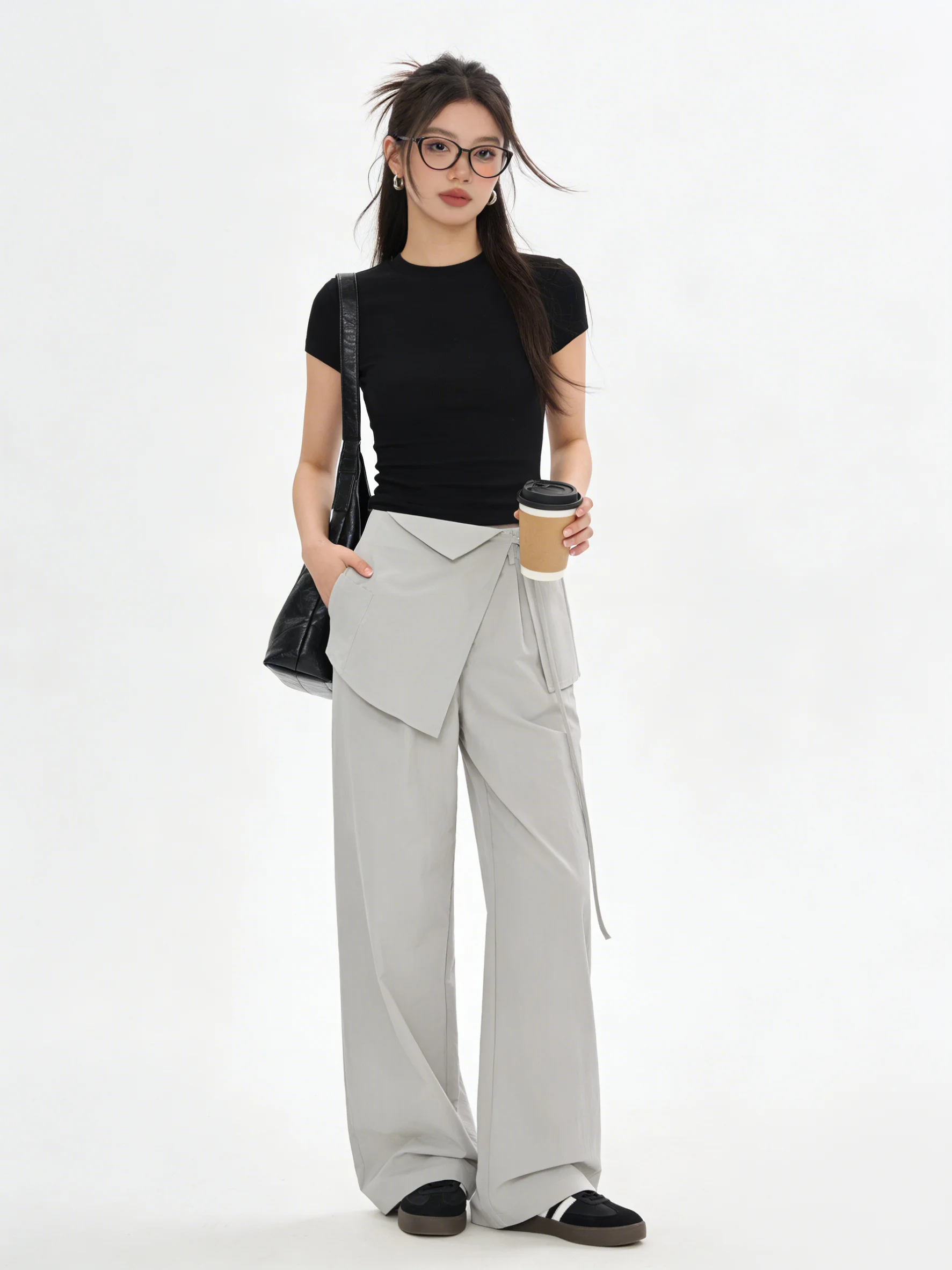 

Женские широкие брюки с высокой талией, свободные, струящиеся, стройнящие, повседневные, серые, антивозрастные, универсальные, длинные, летние, в корейском стиле