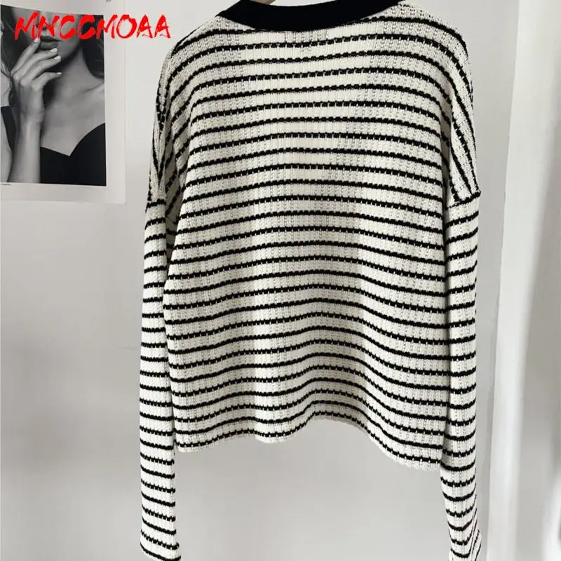 MNCCMOAA-Women's Single-Breasted V-Neck Striped Knitted Sweater, Long Sleeve Top, Casual Cardigan, Female Fashion, Autumn, 2024