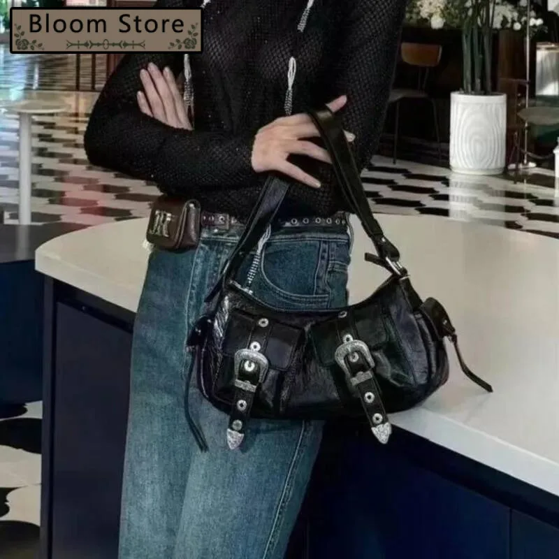 

Sweet Cool Hot Girl Black Handbag Women Leather Buckle Large Capacity Underarm Bag Ladies Fashion Premium Y2k Shoulder Bags 2025