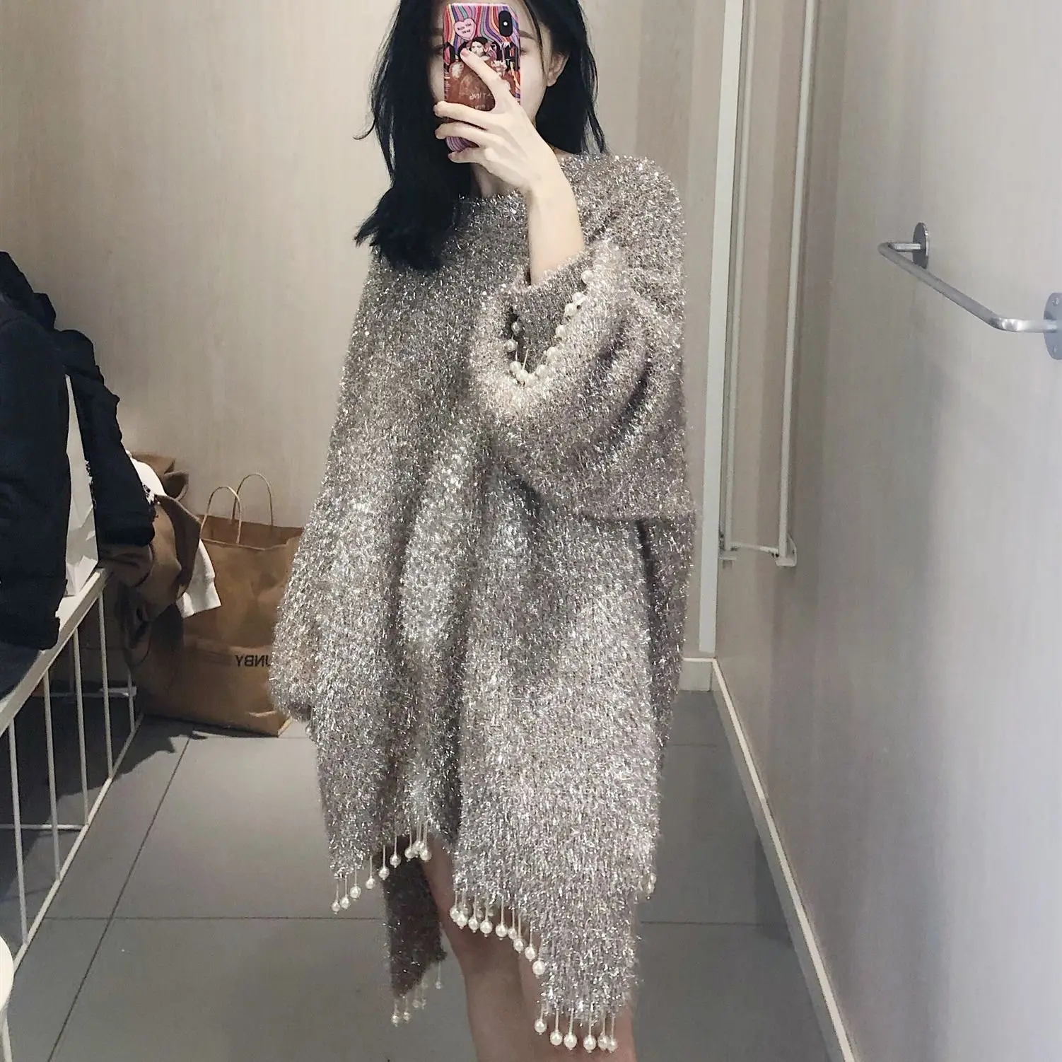 Beaded Sweater for Women 2023 Spring Autumn Loose Long New Korean Style All-Matching Shiny Grey Sweaters Pullovers Femme