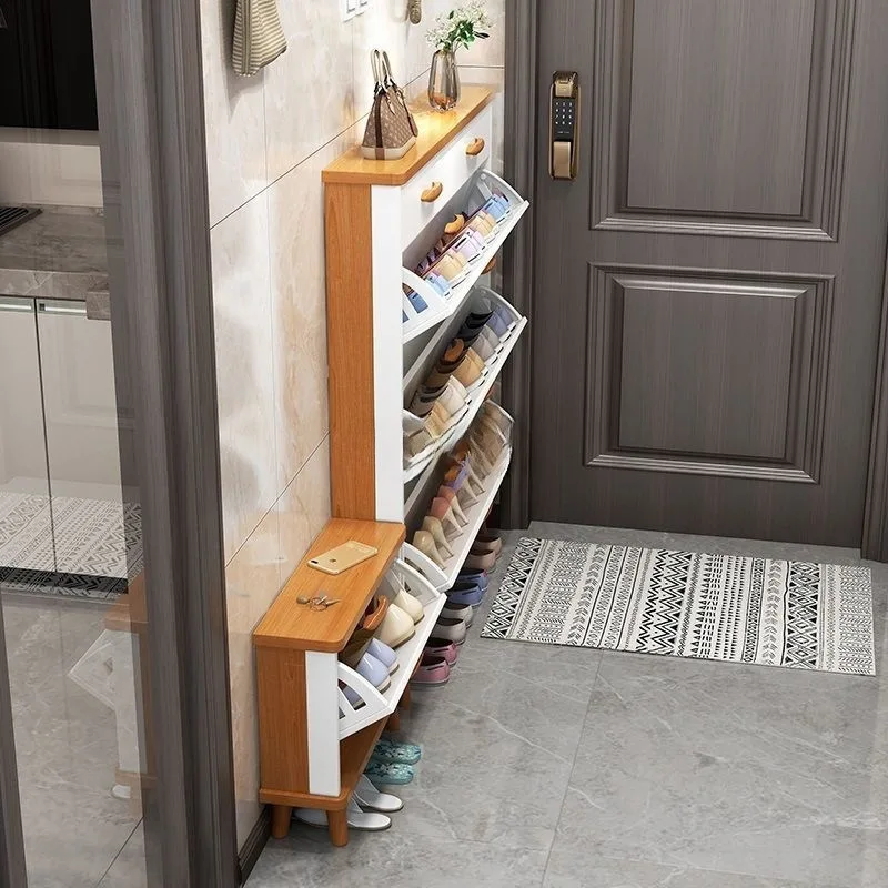

Nordic shoe cabinet entrance door against the wall tipping bucket entrance cabinet shoe changing stool integrated solid wood leg