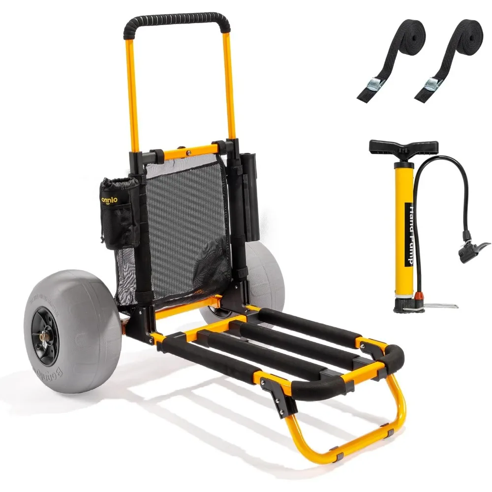 Bonnlo Orange Foldable Beach Fishing Wagon 12 Inch Balloon Wheels Aluminum Frame with Rod Holders Mesh Bag Hand Pump