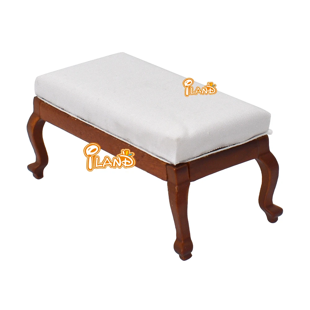 iLAND Wooden Dollhouse Furniture Vintageon 1:12 Scale Bedroom Bed Bedside Table Dressing Table  Upholstered Bench (Walnut 4pcs)