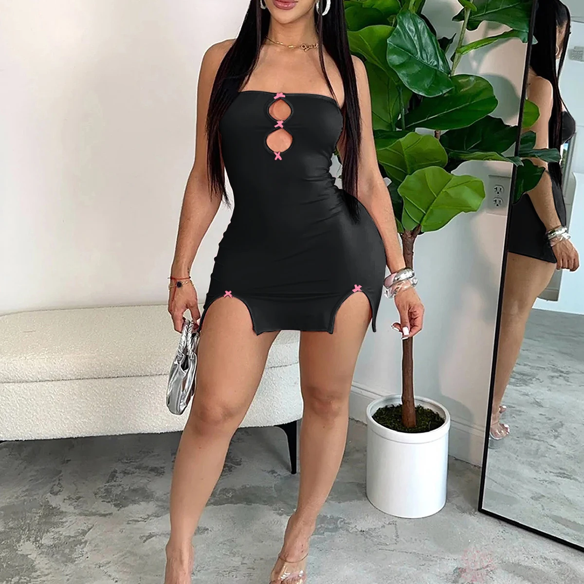 Women's solid color suspender hollow out heart-shaped hip hugging dress